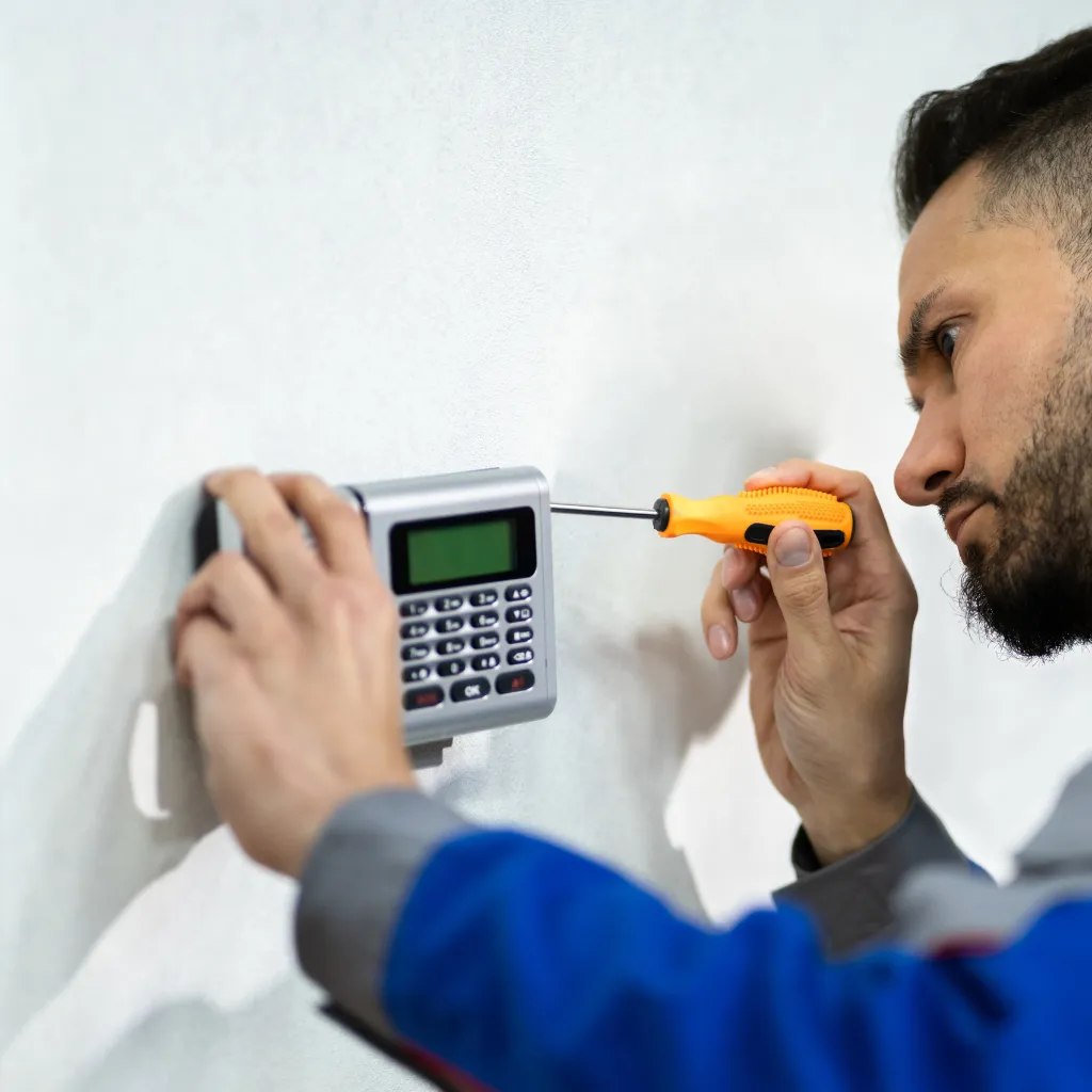 Ein junger Mann nutzt einen Schraubendreher, um eine Alarmanlage einzurichten