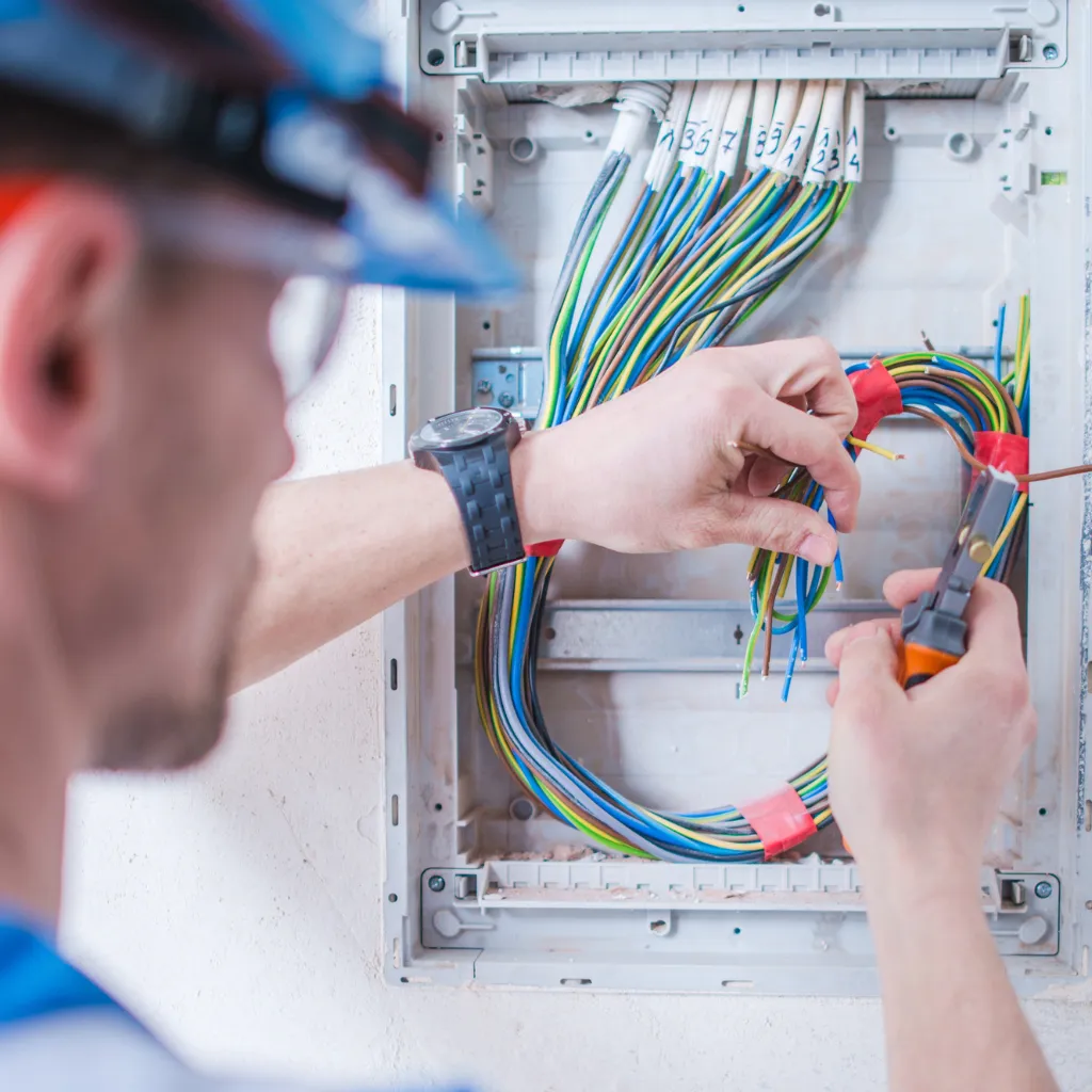 Eine Nahaufnahme von Elektroinstallationen und Kabeln in einem Sicherheitskasten